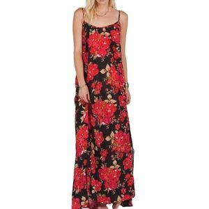 Long Floral Hellcat Maxi Dress with Vibrant Red Bougainvillea Flowers on Black